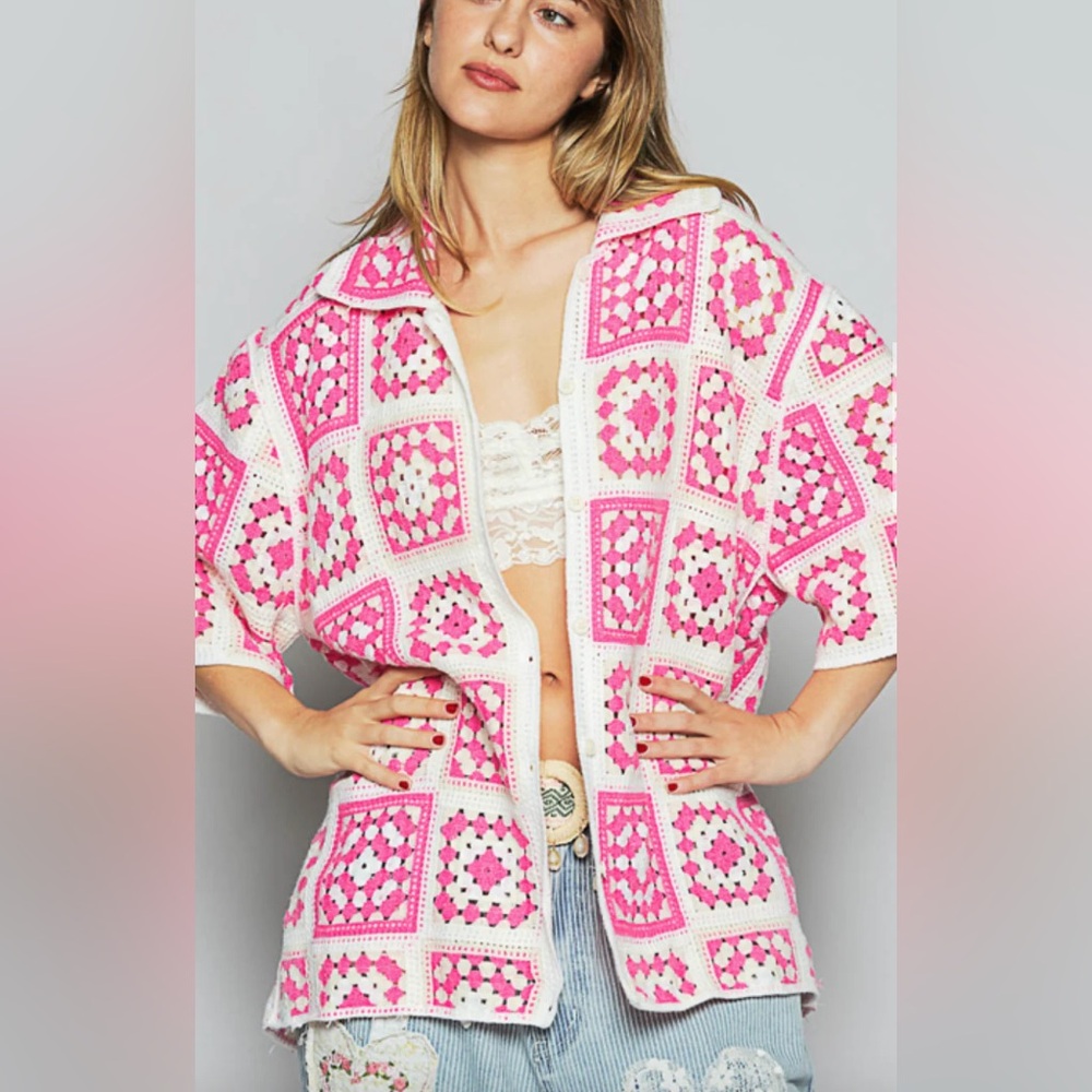 Pol Pink Multi Crochet Pattern Button Down Shirt … - image 1